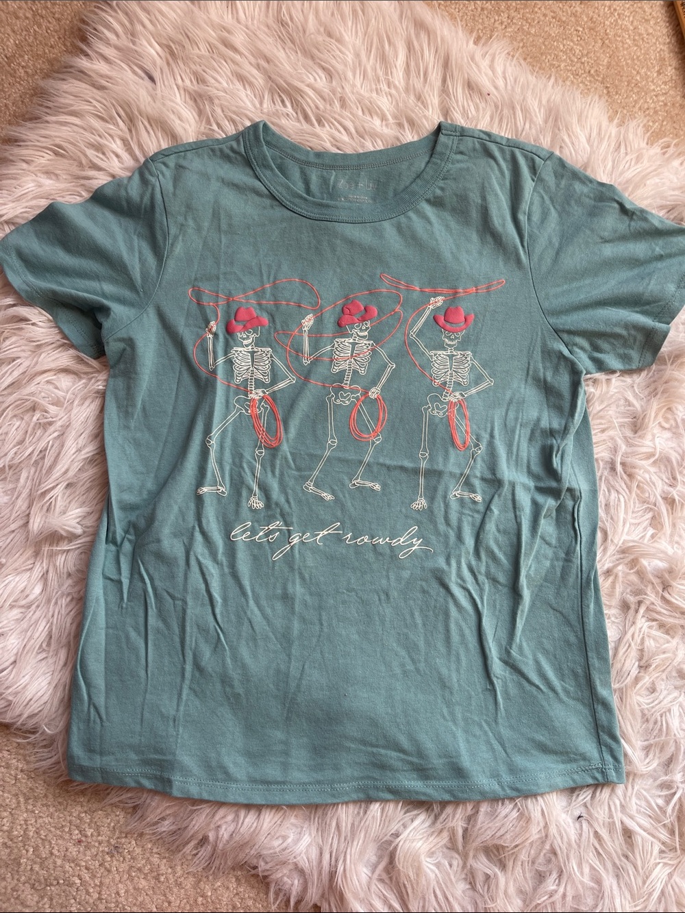 Zoe + Liv Teal Graphic Tee with Pink Accents